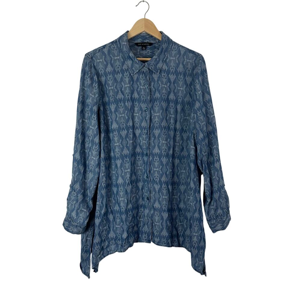 Zac & Rachel Womens Tunic Top XL Blue Lyocell Chambray Southwest Boho Lagenlook